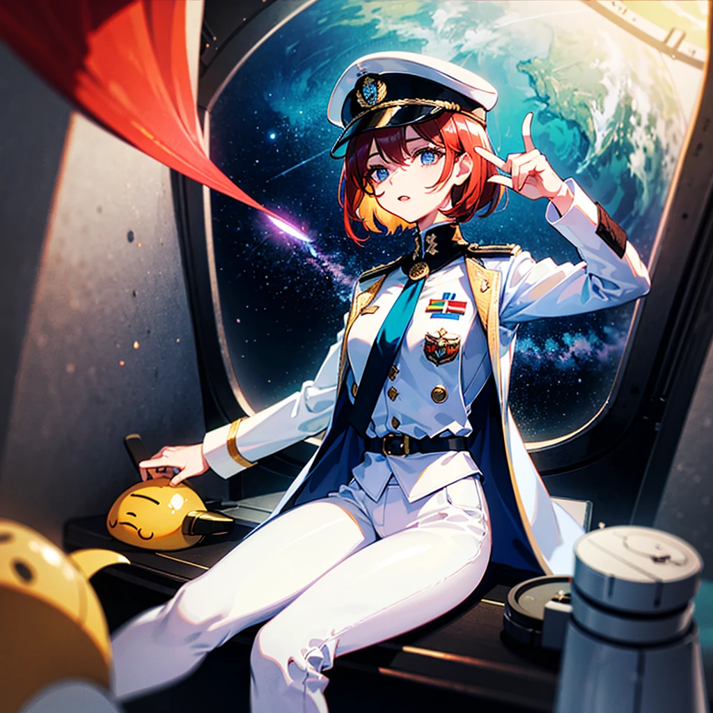 （（（​masterpiece）））、（（（Top image quality）））、（（（top-quality）））、（Illustration of one woman）、full bodyesbian、30-years old、（Viceroy）、（（Red-haired shorthair））、（Thin hair hanging down both sides of the face）、Blue eyes、（（Tall））、（（Muscle Woman））、（（manspreading））、（（Military uniforms））、（（Military Cap））、（（Military coat））、（white  clothes）、（White pants）、（White cap）、trench coat、（（Inside the spaceship、Sitting in the captain's seat））、（Outside the window、kosmos、Earth seen from space、Spaceport）