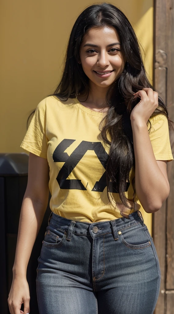 smiling woman with long black hair and a yellow shirt with jeans, this person does not exist, with no facial features, alanis guillen-rakul preet singh-kelly clarkson merged, young latin woman in her 20s, without makeup, smiling and looking directly, half onesided smile, taken in the 2000s, entire body visible, slightly chubby