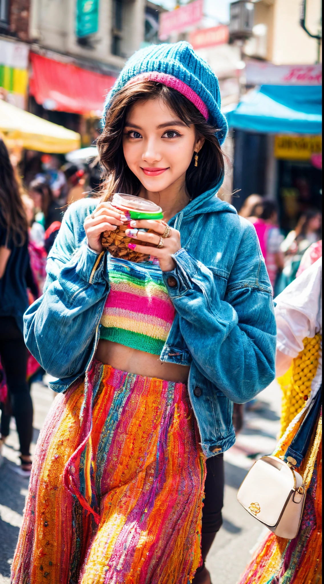 (Ultra-detailed eyes), (((textile shading))), (((Best Quality))), (((masterpiece))), (((Ultra-detailed CG))), sassy girl, (((magical little girl))), (Petite), (tiny chest), black hair without bangresh and cute hairstyles, gorgeous hair)), Fresh Colorful Fashion Feast, Fresh Colorful Fashion Feast outfit, vibrant Fresh Colorful Fashion Feast scene, Fresh Colorful Fashion Feast, Fresh Colorful Fashion Feast ambiance, Fresh Colorful Fashion Feast at street:0.2 Fresh Colorful Fashion Feast image of a women Fresh Colorful Fashion Feast outfit, immersed in the vibrant atmosphere of a street. His attire reflects the fashion trends of the Fresh Colorful Fashion Feast. The Fresh Colorful Fashion Feast street scene  alive with pulsating lights, a lively colorful street, The Fresh Colorful Fashion Feast ambiance transports viewers back to the Fresh and Colorful era, capturing the spirit of fresh and colorful, and self-expression that defined the Fresh Colorful Fashion Feast culture. fashion game was on point, showcasing a delightful touch of vintage by combining an Alanui graphmbroidered hoodie with kobbit ear-flap knitted hat.
