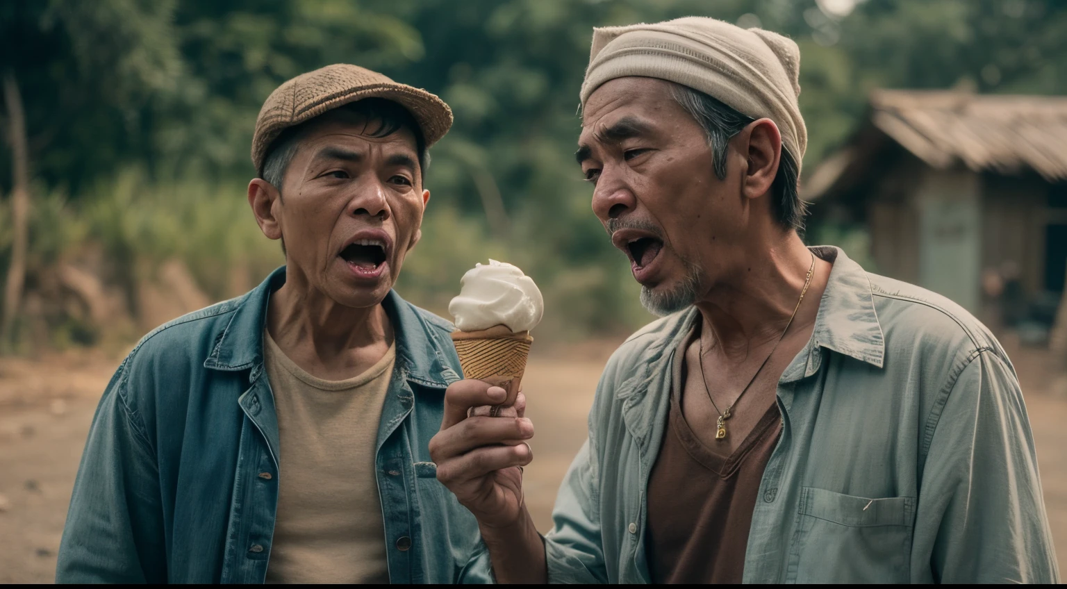 a film still of 1 young modern malay man and 1 malay old man in kopiah having an argument in malay village, shouting and cursing, angry at each other, holding melting ice cream, 35mm, over-the-shoulder shot,cool-toned color grading, depth of field cinematography effect, Natural Lighting, high quality, ultra detail, 8k resolution, in the style of Amelie Poulain directed by Jean-Pierre Jeunet , high saturation, 28mm lens, Establishing shot, High Contrast cinematography effect, Natural Lighting, Desaturate color grading, high quality, ultra detail, 8k resolution,