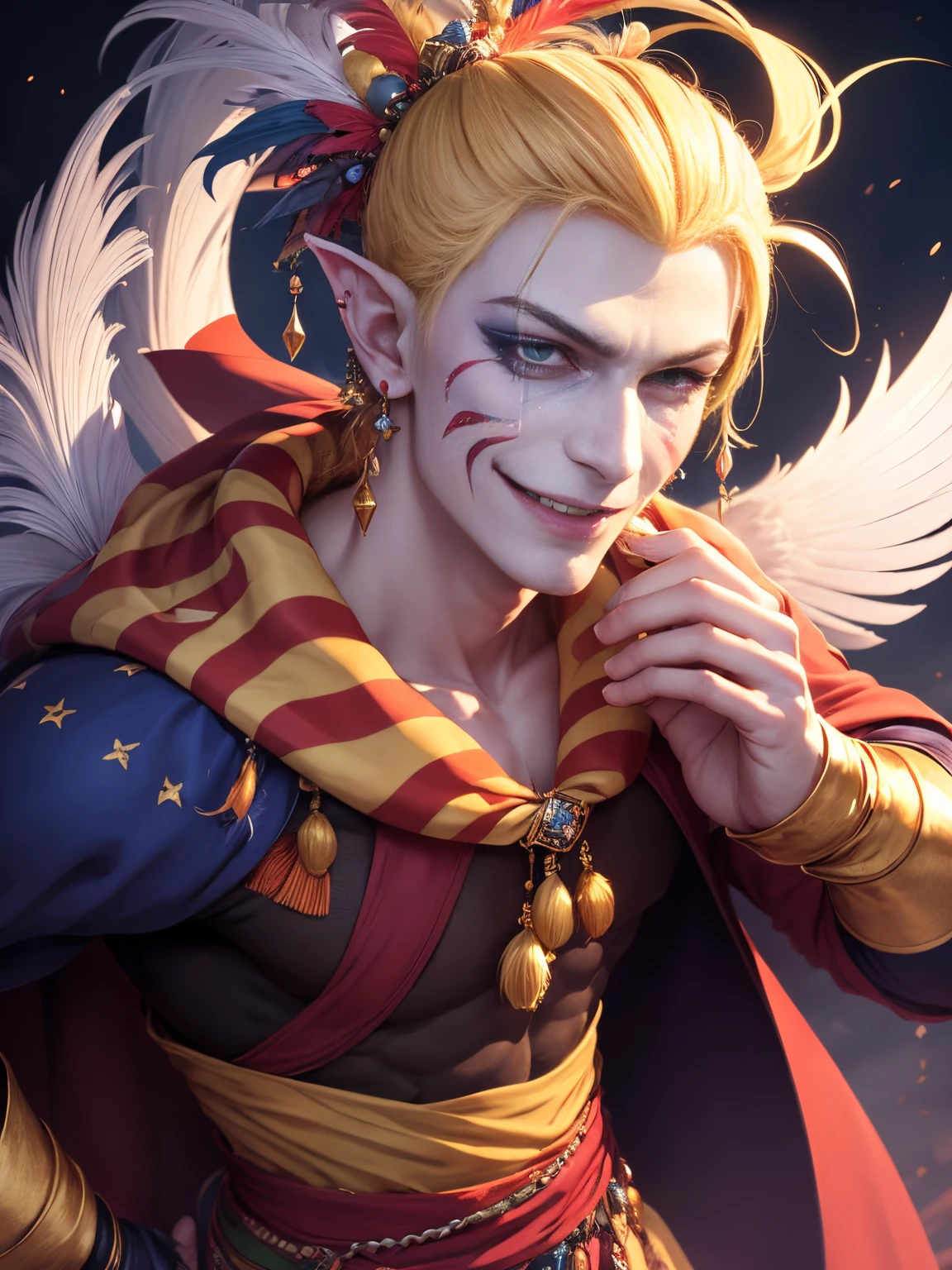 (1boy:1.2), (man:1.2), blonde hair, solo, Kefka, 35 year old man, Kefka Palazzo, jester, facepaint, multicolored clothes, stiped collar, (cape:1.1), (feather hair ornament:1.3), hair ornament, earrings, lipstick, puffy sleeves, striped scarf, fingerless gloves, long nail, skipping, crazy, arm on hip, tongue out, pointy ear, evil grin, white face, makeup, looking at viewer
BREAK dark sky, sunray, cloud, dusk, fire BREAK (masterpiece:1.2), best quality, high resolution, unity 8k wallpaper, (illustration:0.8), perfect lighting, extremely detailed CG, from below