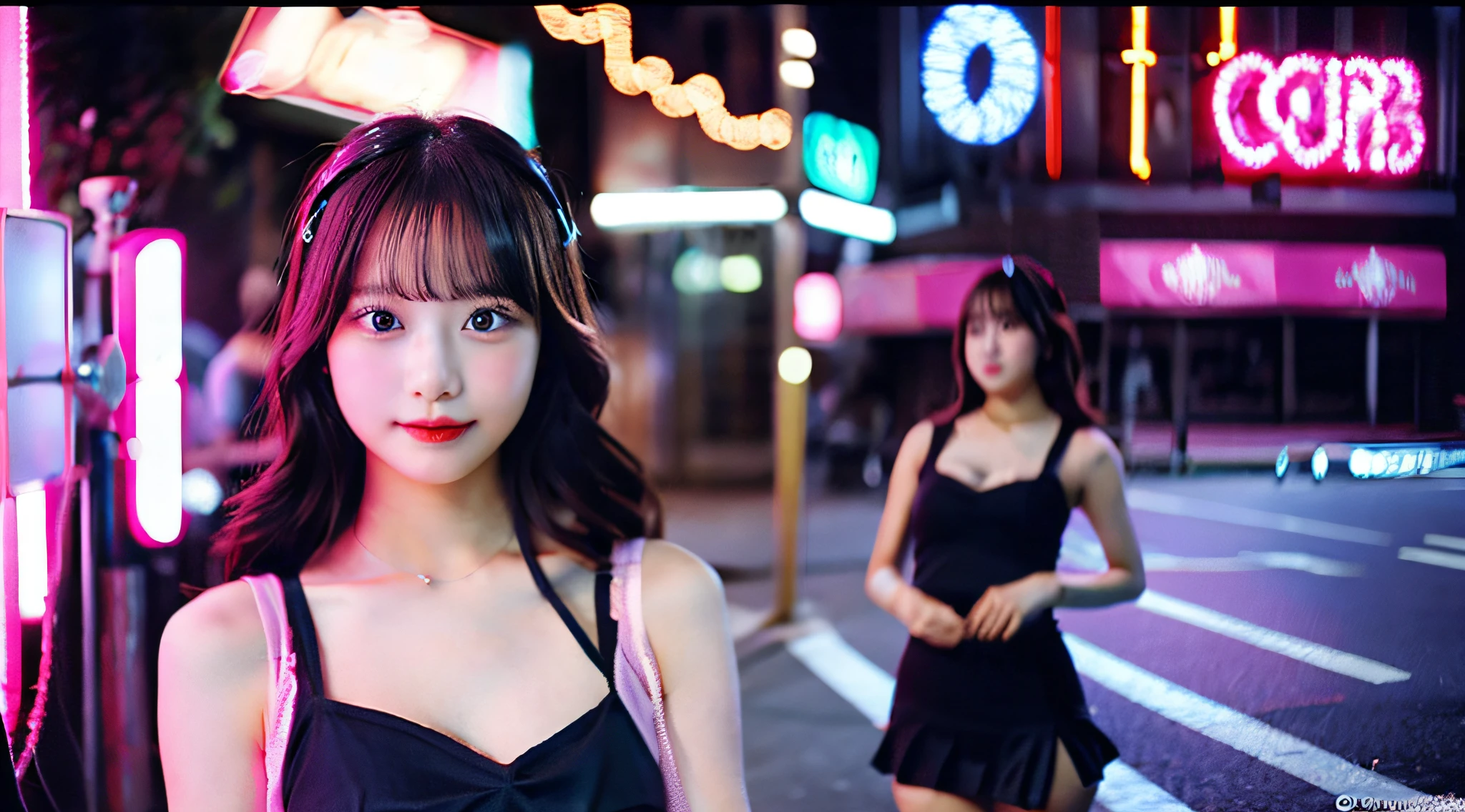 Cute hostess girl, 18 years old, Wearing a pink miniskirt