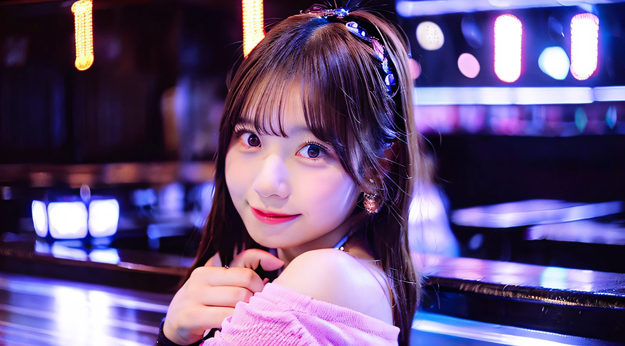 Cute hostess girl, 18 years old, Wearing a pink miniskirt