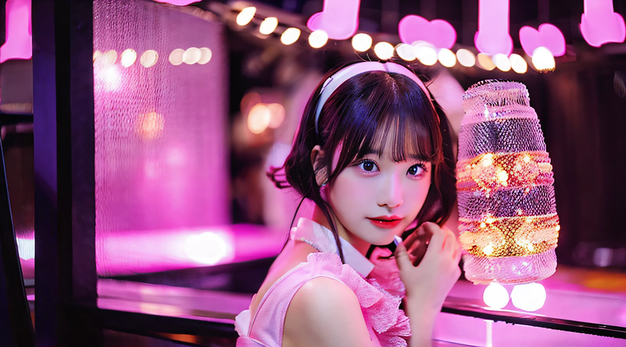 Araffe girl in a pink dress holding a large candy - SeaArt AI