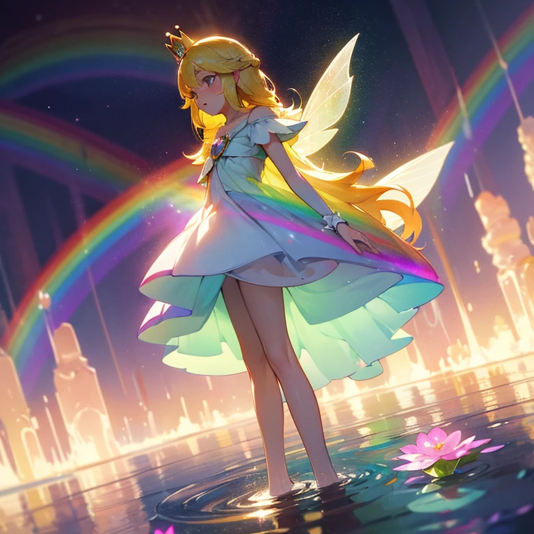 Fairy Girl,-Like that,Irridescent color,clear white skin,Precure,Pastel Rainbow,pastel aurora,rainbow dress made of light,Aurora,Colorful eyes,Sparkling eyes,big eye,bright blonde hair made of light,long hair,Golden crown,transparent rainbow fairy wings,splatters,Rainbow Hair Color,PastelColors,rainbow,a colorful,Delicate,Gentle,The warm,adult-like,Fantasia,faerie,Dreamy,cute little,Golden light,rainbow fountain,Rainbow flower garden,to stand,toes touch the water surface,Best Quality,high-level image quality