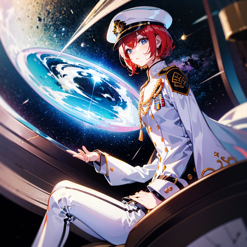 (((masterpiece)))、(((Top image quality)))、(((top-quality)))、(Illustration of one woman)、full bodyesbian、30-years old、(Viceroy)、((Red-haired shorthair))、(Thin hair hanging down both sides of the face)、Blue eyes、((Tall))、((stocky build、muscular legs、broad shoulders、solid chest))、((manspreading))、((Military uniforms))、((Military Cap))、((Military coat))、(white clothes)、(White pants)、(White cap)、trench coat、((Inside the spaceship、Sitting in the captain's seat))、(Outside the window、kosmos、Earth seen from space、Spaceport)