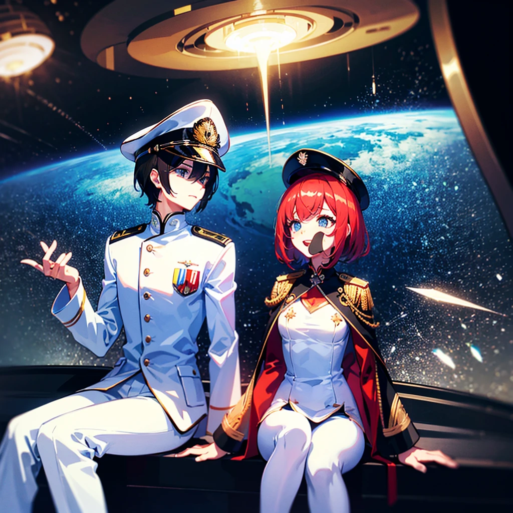 (((masterpiece)))、(((Top image quality)))、(((top-quality)))、(Illustration of one woman)、full bodyesbian、30-years old、(Viceroy)、((Red-haired shorthair))、(Thin hair hanging down both sides of the face)、Blue eyes、((Tall))、((stocky build、muscular legs、broad shoulders、solid chest))、((manspreading))、((Military uniforms))、((Military Cap))、((Military coat))、(white clothes)、(White pants)、(White cap)、trench coat、((Inside the spaceship、Sitting in the captain's seat))、(Outside the window、kosmos、Earth seen from space、Spaceport)