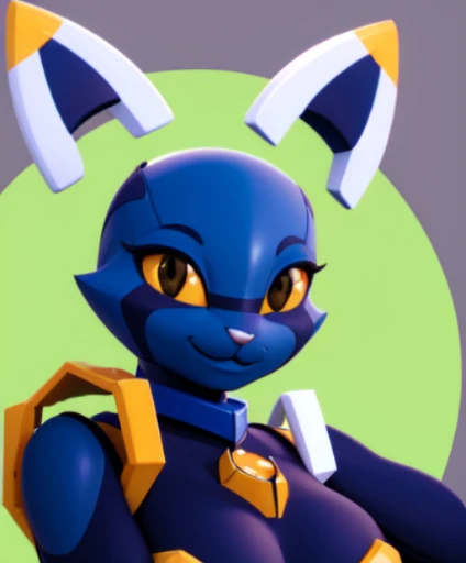 esix, cat girl, Big breasts, furry anthro, floating ears, flaming tail, portrait, blue body, solo, (best quality), sexy pose, smile, black-yellow eyelue background, smug smile, half-closed eyes, looking at the viewer