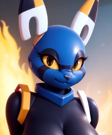 esix, cat girl, Big breasts, furry anthro, floating ears, flaming tail, portrait, blue body, solo, (best quality), sexy pose, smile, black-yellow eyelue background, smug smile, half-closed eyes, looking at the viewer