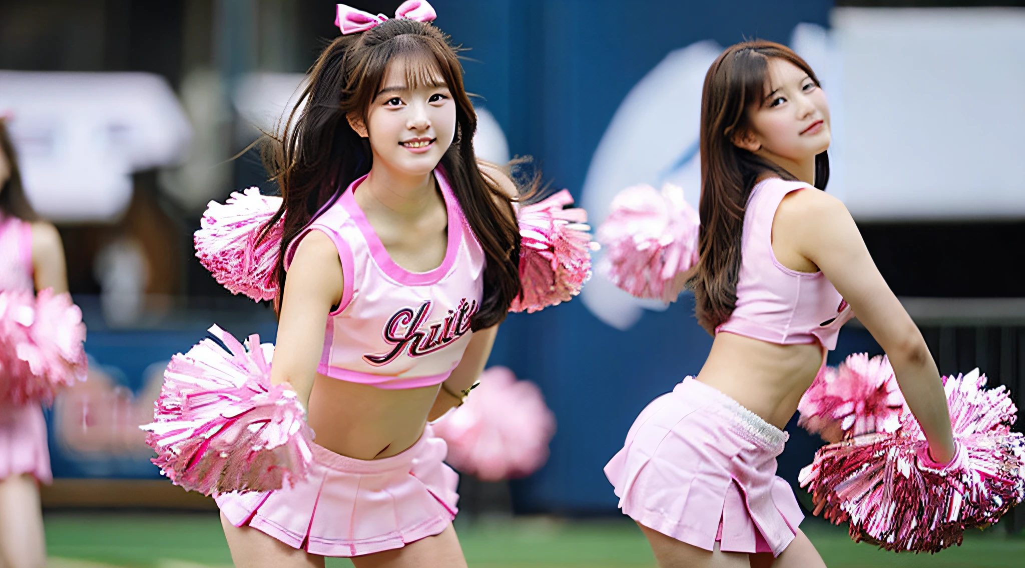 Cute 18 year old cheerleader wearing a pink miniskirt