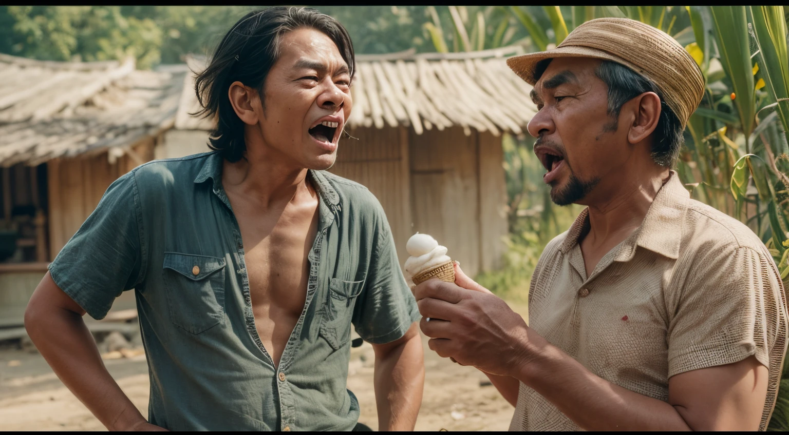 a film still of ung modern malay man and 1 malay old man in kopiah having an argument in malay village, near paddy fields, shouting and cursing, angry at each other, angry expression, holding melting ice cream, 35mm, wide shot, cool-toned color grading, depth of field cinematography effect, Natural Lighting, high quality, ultra detail, 8k resolution, in the style of Amelie Poulain directed by Jean-Pierre Jeunet , high saturation, 28mm lens, Establishing shot, High Contrast cinematography effect, Natural Lighting, Desaturate color grading, high quality, ultra detail, 8k resolution,