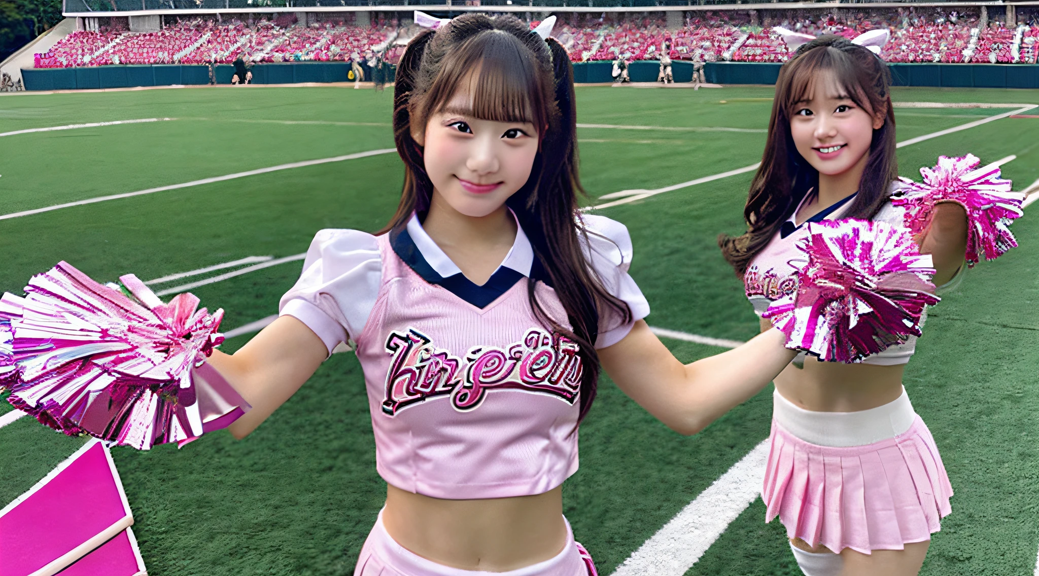 Cute 18 year old cheerleader wearing a pink miniskirt