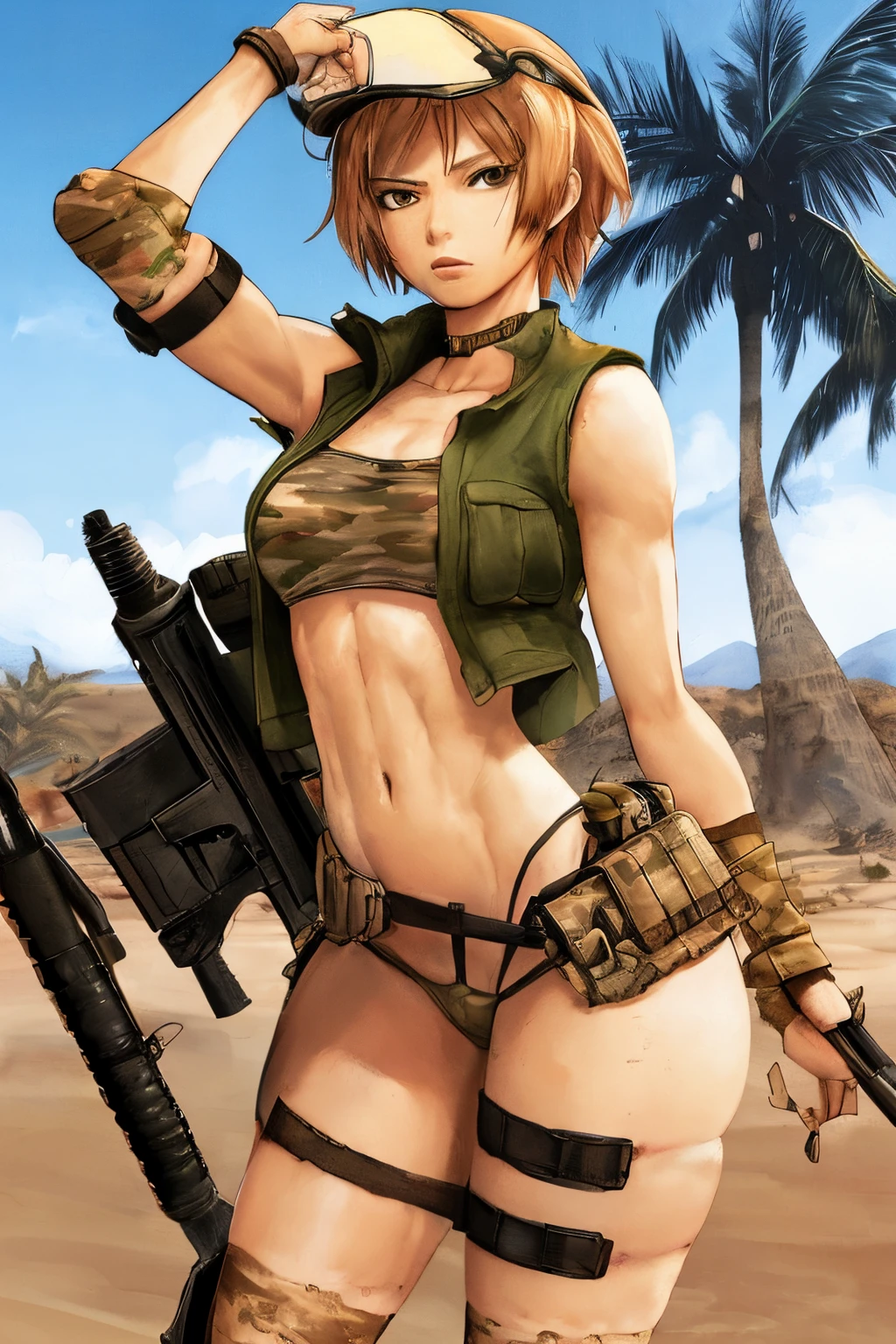 vest and panty,naked,serious,sexy pose,military,desert.Cammo,Sun,hot,guerrilla,wetting,leona Heidern.