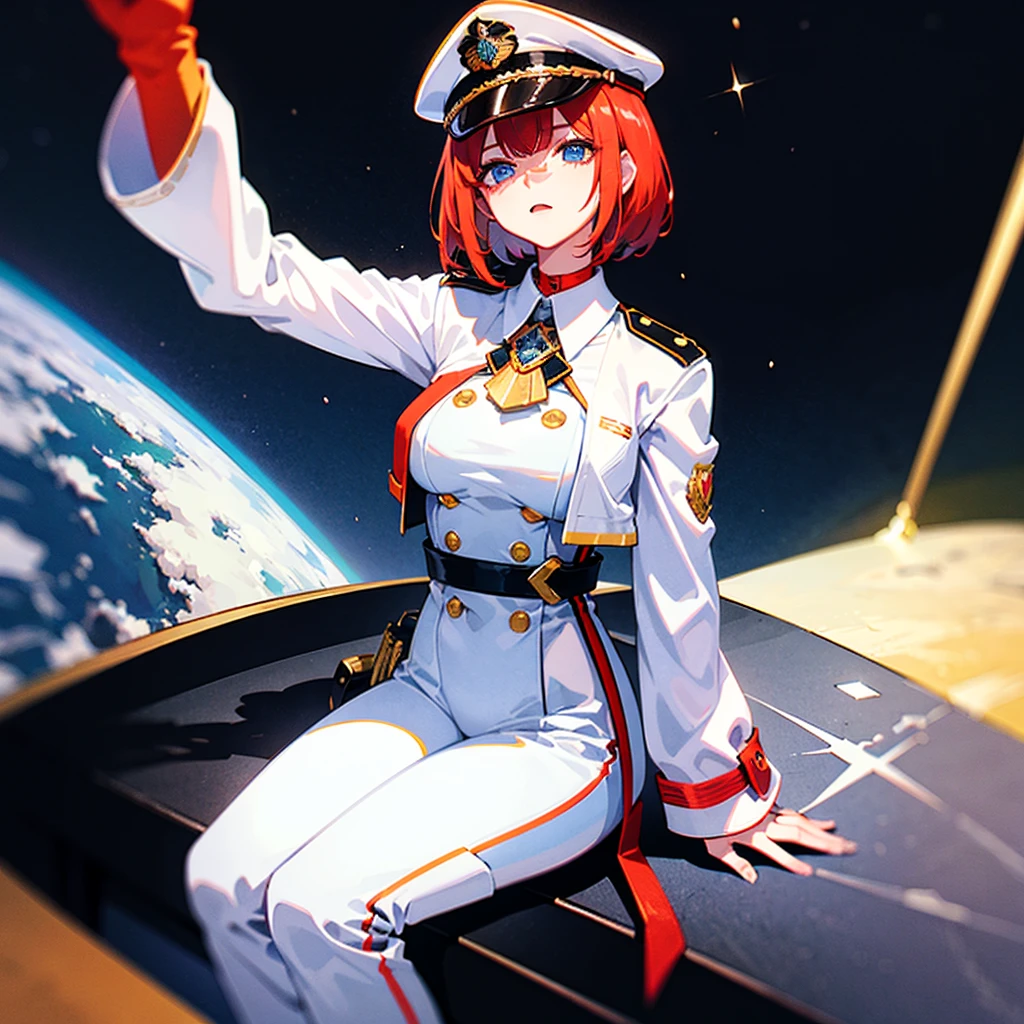 (((masterpiece)))、(((Top image quality)))、(((top-quality)))、(Illustration of one woman)、30-years old、(Viceroy)、((Red-haired shorthair))、(Thin hair hanging down both sides of the face)、Blue eyes、((Tall))、((Muscle Woman、stocky build、broad shoulders))、((manspreading))、((Military uniforms))、((Military Cap))、((Military coat))、(white clothes)、(White pants)、(White cap)、trench coat、((Inside the spaceship、Sitting in the captain's seat))、(Outside the window、kosmos、Earth seen from space、Spaceport)