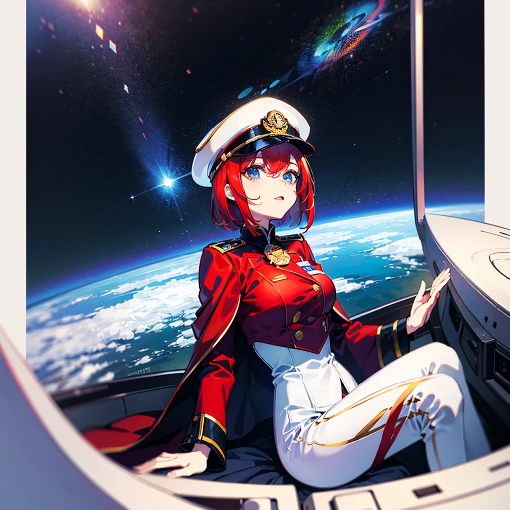 (((masterpiece)))、(((Top image quality)))、(((top-quality)))、(Illustration of one woman)、30-years old、(Viceroy)、((Red-haired shorthair))、(Thin hair hanging down both sides of the face)、Blue eyes、((Tall))、((Muscle Woman、stocky build、broad shoulders))、((manspreading))、((Military uniforms))、((Military Cap))、((Military coat))、(white clothes)、(White pants)、(White cap)、trench coat、((Inside the spaceship、Sitting in the captain's seat))、(Outside the window、kosmos、Earth seen from space、Spaceport)