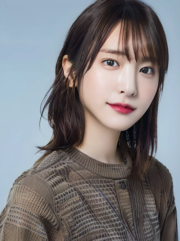 (​masterpiece:1.3), (8K, Photorealsitic, Raw photography, Top image quality: 1.4), 20 year old girl、(Random hairstyles:1.2)、Super Detail Face、Eye of Detail、二重まぶた、foco nítido:1.2、prety woman:1.4、light brown hair、poneyTail、Natural Color Lip、top-quality、​masterpiece、超A high resolution、(Photorealsitic:1.4)、very detailed and professional lighting、wear a dark blue sweater、slender、serious facial expression、Transparent skin、randome pose、Glowing hair、Gravure Model Pose、