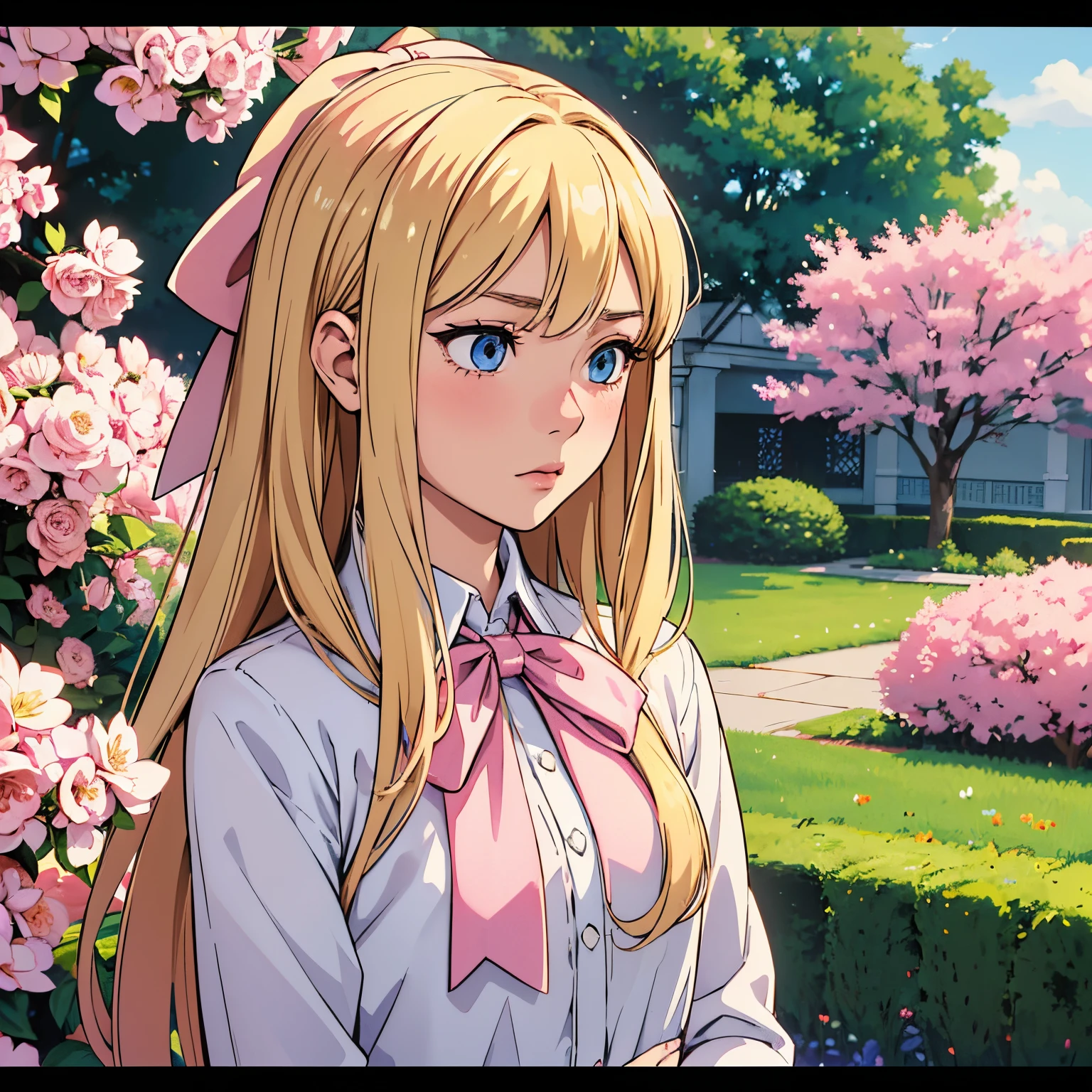(Best Quality, Sharp anime eyes), elegant, feminine, detailed_background, garden , closeup, straight long hair,hair bow,pixelated,blush,luca (kuruton486),blonde hair bow,highres,1girl,letterboxed,solo,kuruton486,pink casual shirt,blue eyes,shirt,parted bangs