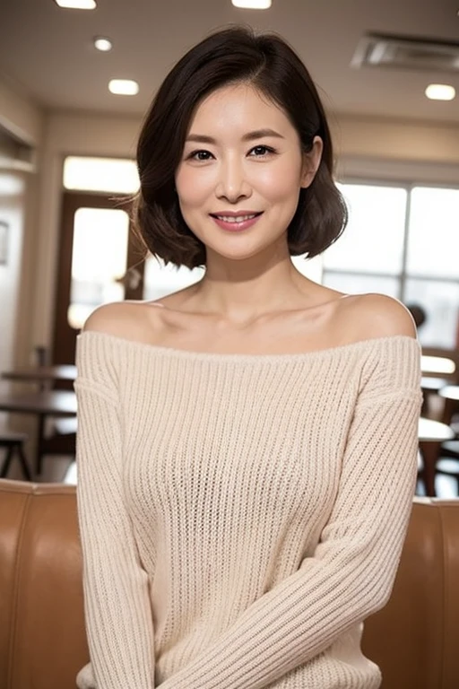 The face of the hostess、turtleneck wool sweater、hiquality、A hyper-realistic、healthy、Smiling expression、Slender perfect figure、Japan Beauty、 perfect eyes、Beautiful skin、The upper part of the body、kyoto