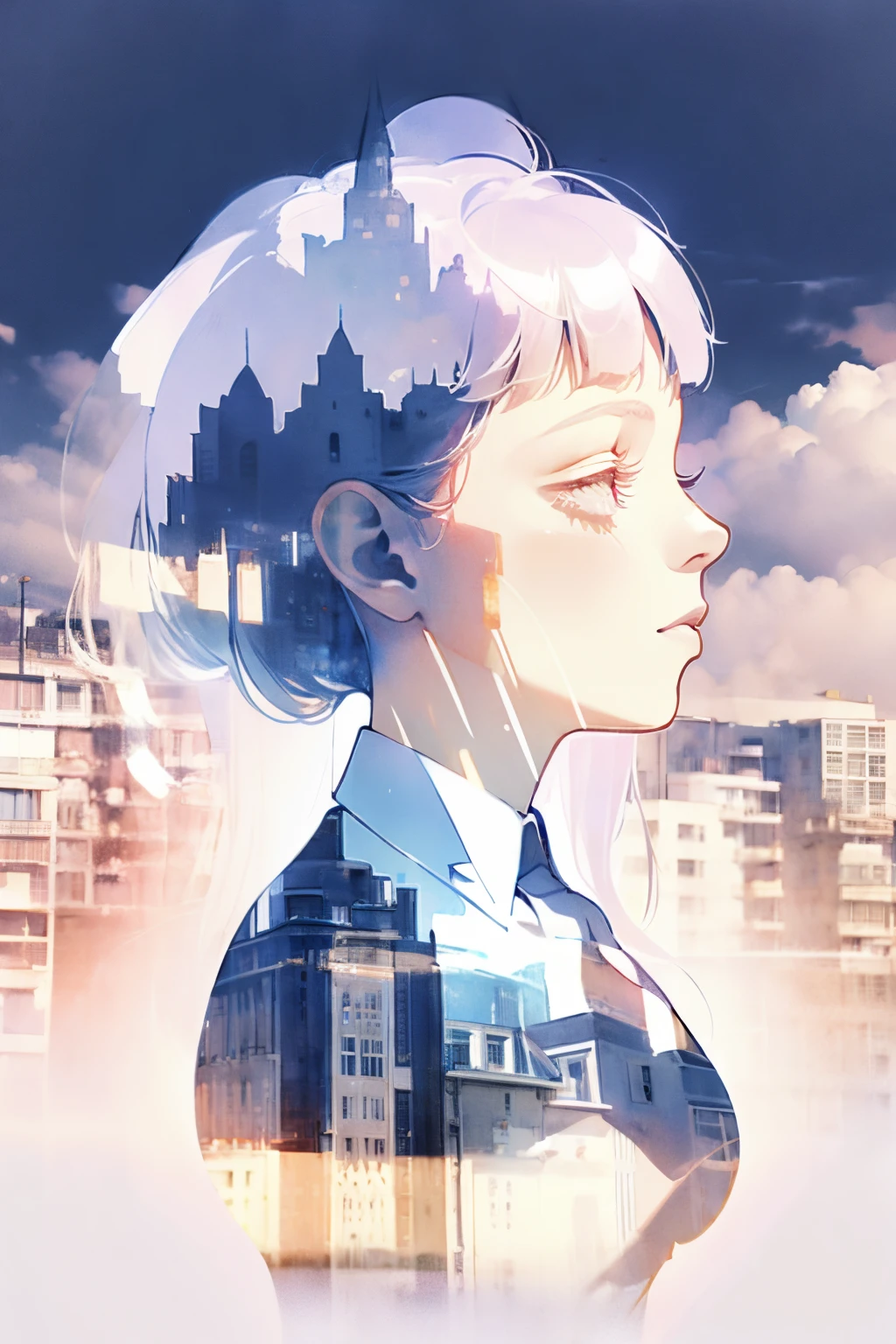 Depicting events in a dream、The moonlight was a little hazy、 Translucent girl、Moonlight passes through the body、((Super multiple exposure where the background passes through the body))、I can see your beautiful feet、full body Esbian、Buildings on the background、Midnight City、