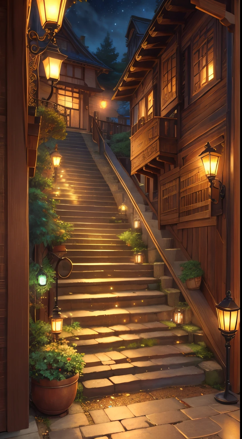 Steampunk AI。Beautiful。 (masutepiece:1.2)。(Best Quality:1.2)。A labyrinth made up of stairs, passages, and handrails.。place々Beautifully and magically illuminated by small lights installed in。