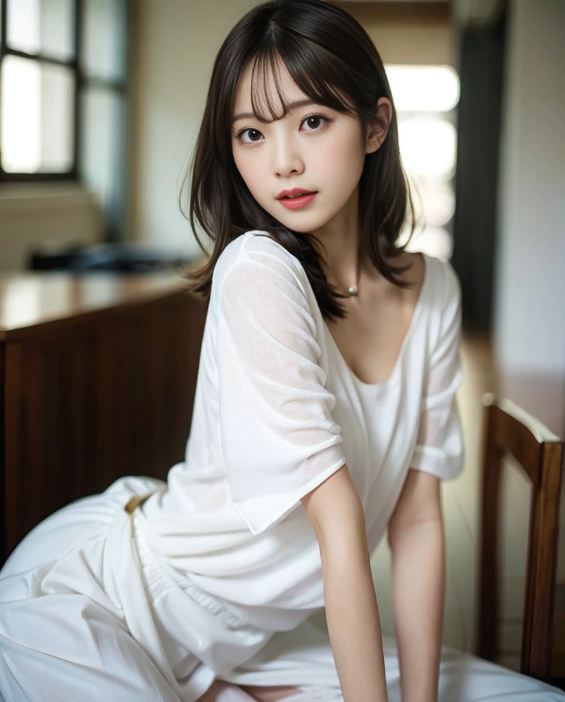 masutepiece, knit、、white walls、Best Quality, finely detail, hight resolution, 8K Wallpaper,Medium Hair,Natural Color Lip、20 years girl、Cute、C Cup、Brown hair