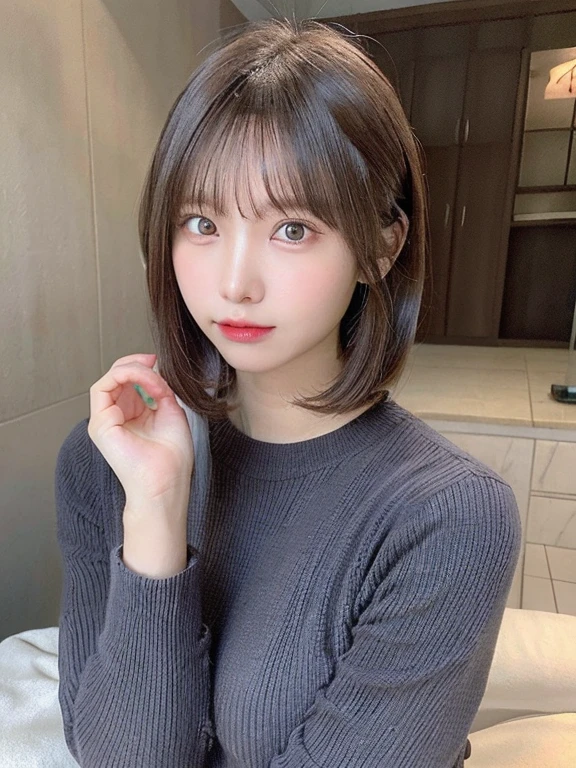 (masterpiece:1.3), (8K, Photorealsitic, Raw photography, Top image quality: 1.4), 20 year old girl、(Random hairstyles:1.2)、Super Detail Face、Eye of Detail、二重まぶた、foco nítido:1.2、prety woman:1.4、light brown hair、poneyTail、Natural Color Lip、top-quality、masterpiece、超A high resolution、(Photorealsitic:1.4)、very detailed and professional lighting、wear a dark blue sweater、slender、serious facial expression、Transparent skin、randome pose、Glowing hair、Gravure Model Pose、