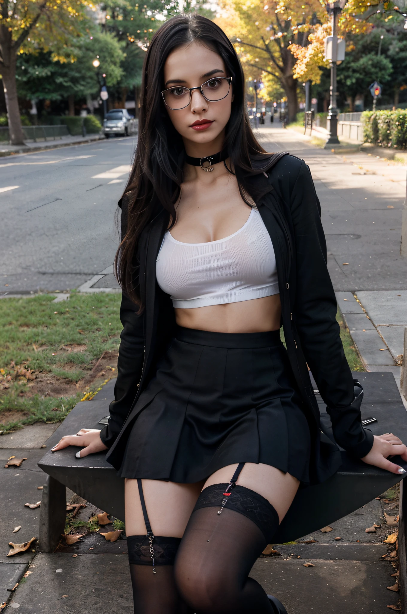 Dark black long straight hair, light brown eyes, a sexy caucasian skinny nerdy young girl with black glasses, goth makeup (complex details: 1.2), (highest quality: 1.4), (ultra high definition: 1.2), ultra high definition, (detailed eyes), (detailed facial features), HDR, 8k resolution, sitting on a bench in park evening autumn vibes ,wearing a jacket, short top and no bra behind, wearing a schoolgirl skirt, choker, red lipstick, seductive, white seethru t-shirt, patterned black pantyhose and high boots