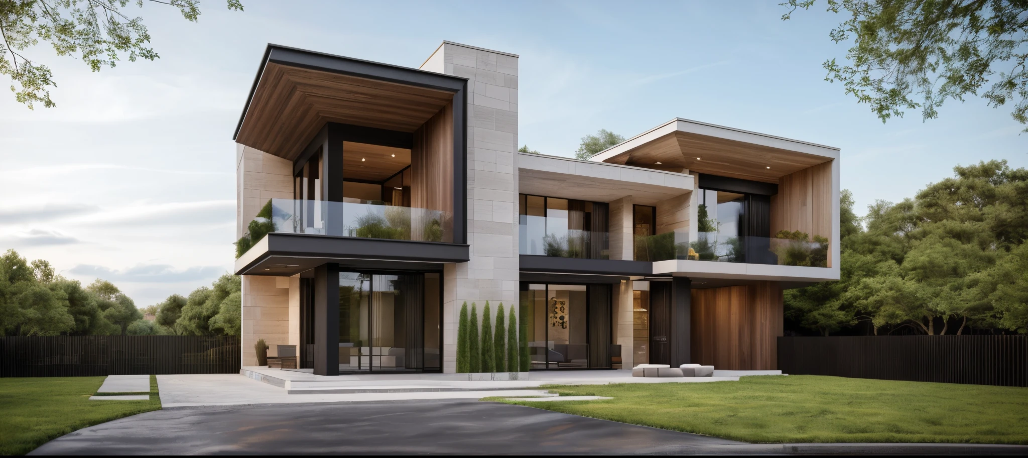(masterpiece),(high quality), best quality, real,(realistic), super detailed, (full detail),(4k),8k,modern house exterior design,Modern architecture,Beautiful_sky,Day light, no_humans, outdoors,sky,tree,Garden flower front of building,