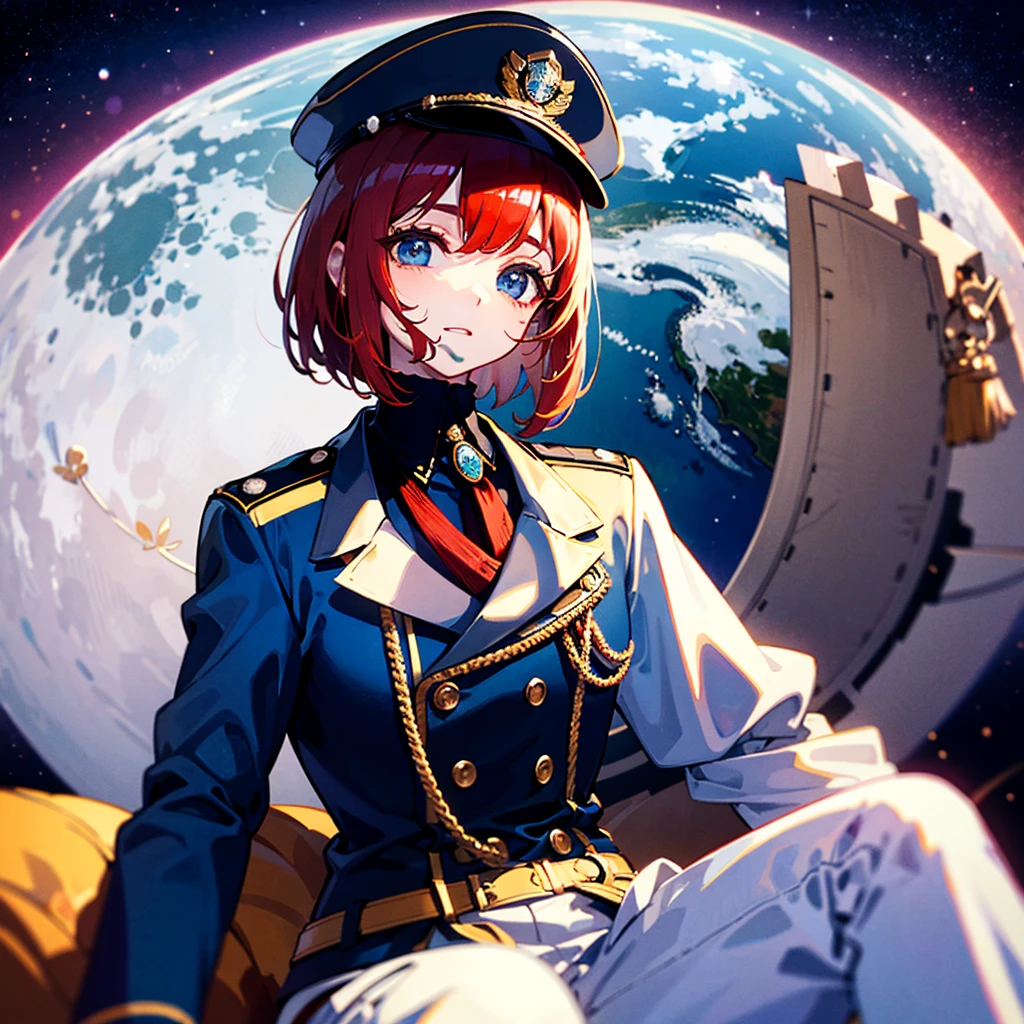 （（（​masterpiece）））、（（（Top image quality）））、（（（top-quality）））、（Illustration of one woman）、30-years old、（Viceroy）、（（Red-haired shorthair））、（Thin hair hanging down both sides of the face）、Blue eyes、（（Tall））、（（Muscle Woman、stocky build、broad shoulders））、（（manspreading））、opening legs、（（Military uniforms））、（（Military Cap））、（（Military coat））、（white  clothes）、（White pants）、（White cap）、trench coat、（（Inside the spaceship、Sitting in the captain's seat））、（Outside the window、kosmos、Earth seen from space、Spaceport）