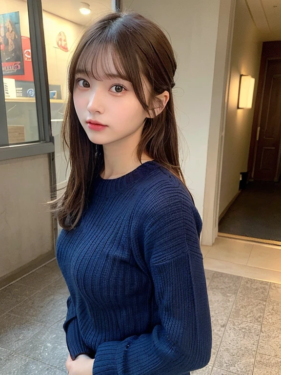 (masterpiece:1.3), (8K, Photorealsitic, Raw photography, Top image quality: 1.4), 20 year old girl、(Random hairstyles:1.2)、Super Detail Face、Eye of Detail、二重まぶた、foco nítido:1.2、prety woman:1.4、light brown hair、poneyTail、Natural Color Lip、top-quality、masterpiece、超A high resolution、(Photorealsitic:1.4)、very detailed and professional lighting、wear a dark blue sweater、slender、serious facial expression、Transparent skin、randome pose、Glowing hair、Gravure Model Pose、