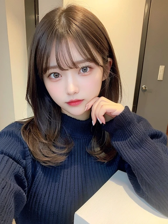 (masterpiece:1.3), (8K, Photorealsitic, Raw photography, Top image quality: 1.4), 20 year old girl、(Random hairstyles:1.uper Detail Face、Eye of Detail、二重まぶた、foco nítido:1.2、prety woman:1.4、light brown hair、poneyTail、Natural Color Lip、top-quality、masterpiece、超A high resolution、(Photorealsitic:1.4)、very detailed and professional lighting、wear a dark blue sweater、slender、serious facial expression、Transparent skin、randome pose、Glowing hair、Gravure Model Pose、