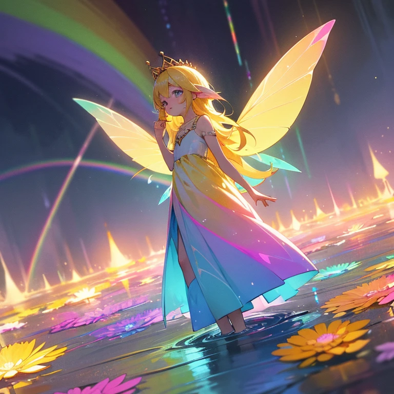 Fairy Girl,femele,Irridescent color,wholesome,clear white skin,Pastel Rainbow,pastel aurora,Rainbow long dress made of light,Aurora,Colorful eyes,Sparkling eyes,big eye,bright blonde hair made of light,Smooth long hair,Golden crown,2 pairs of sparkling transparent rainbow fairy wings,splatters,Rainbow Hair Color,PastelColors,rainbow,a colorful,Delicate,gentle,Gentle,The warm,Adults,Fantasia,glitters,faerie,Dreamy,cute little,Golden light,rainbow fountain,Rainbow flower garden,to stand,toes touch the water surface,Best Quality,high-level image quality