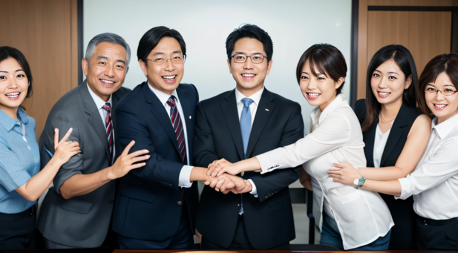 High quality photo of a fun-loving business team of elderly beautiful and handsome modern Japanese office workers working together.]