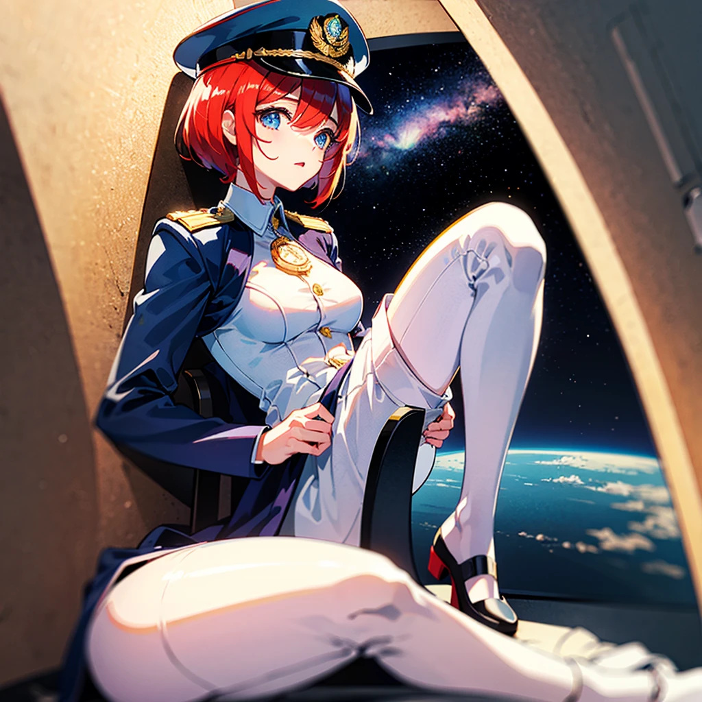 (((masterpiece)))、(((Top image quality)))、(((top-quality)))、(Illustration of one woman)、30-years old、(Viceroy)、((Red-haired shorthair))、(Thin hair hanging down both sides of the face)、Blue eyes、((Tall))、((Muscle Woman、stocky build、broad shoulders))、((manspreading))、opening legs、((Military uniforms))、((Military Cap))、((Military coat))、(white clothes)、(White pants)、(White cap)、trench coat、((Inside the spaceship、Sitting in the captain's seat))、(Outside the window、kosmos、Earth seen from space、Spaceport)