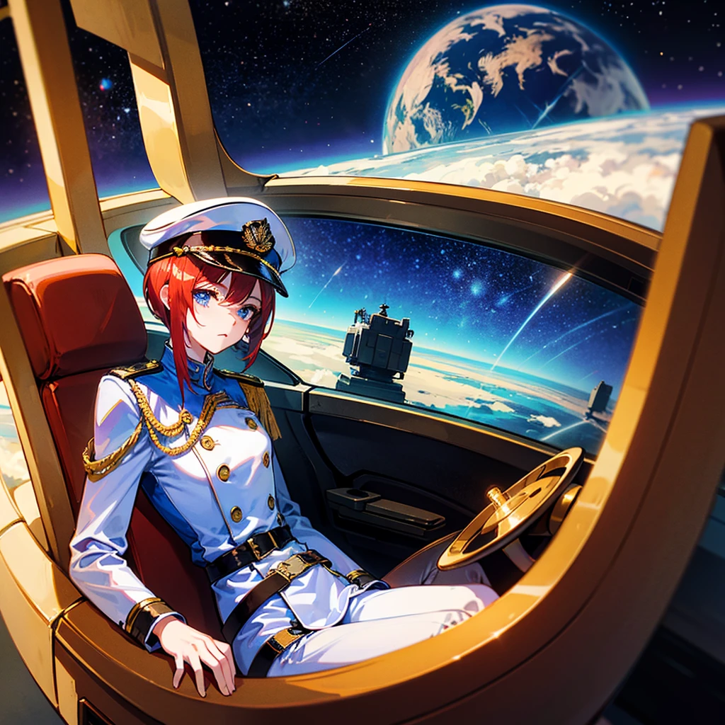 (((masterpiece)))、(((Top image quality)))、(((top-quality)))、(Illustration of one woman)、30-years old、(Viceroy)、((Red-haired shorthair))、(Thin hair hanging down both sides of the face)、Blue eyes、((Tall))、((Muscle Woman、stocky build、broad shoulders))、((manspreading))、opening legs、((Military uniforms))、((Military Cap))、((Military coat))、(white clothes)、(White pants)、(White cap)、trench coat、((Inside the spaceship、Sitting in the captain's seat))、(Outside the window、kosmos、Earth seen from space、Spaceport)