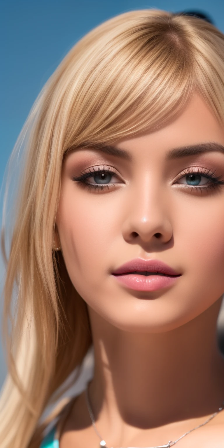 1girl, 25-year-old girl, (Pecho C grande: 1.6), piel real, Piel realista, pecho real, pecho realista, Detailed skin characteristics, Detailed Clothing Features, Proporciones corporales, Cuerpo voluminoso, Ultra detallado, Cara real, Detailed facial features, (cabello rubio muy largo: 1.4), Hermosos ojos, ojos azules, ojos detallados, labios rosados, Brillo en los labios, Cara y senos detallados, La mejor calidad, Obra maestra, 8k, Raw photography,