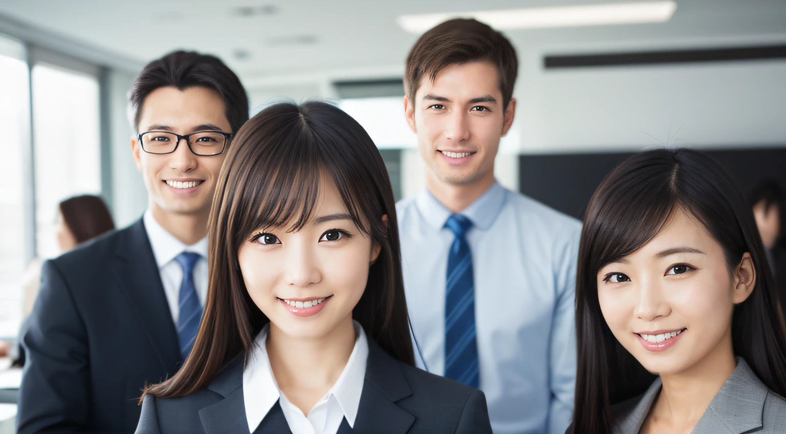 High quality photo of handsome modern Japanese female employee fun-loving business team working together,smile and talk to the camera.Best Quality, Very detailed, Fine detail, High resolution, Perfect dynamic composition, Beautiful detailed eyes