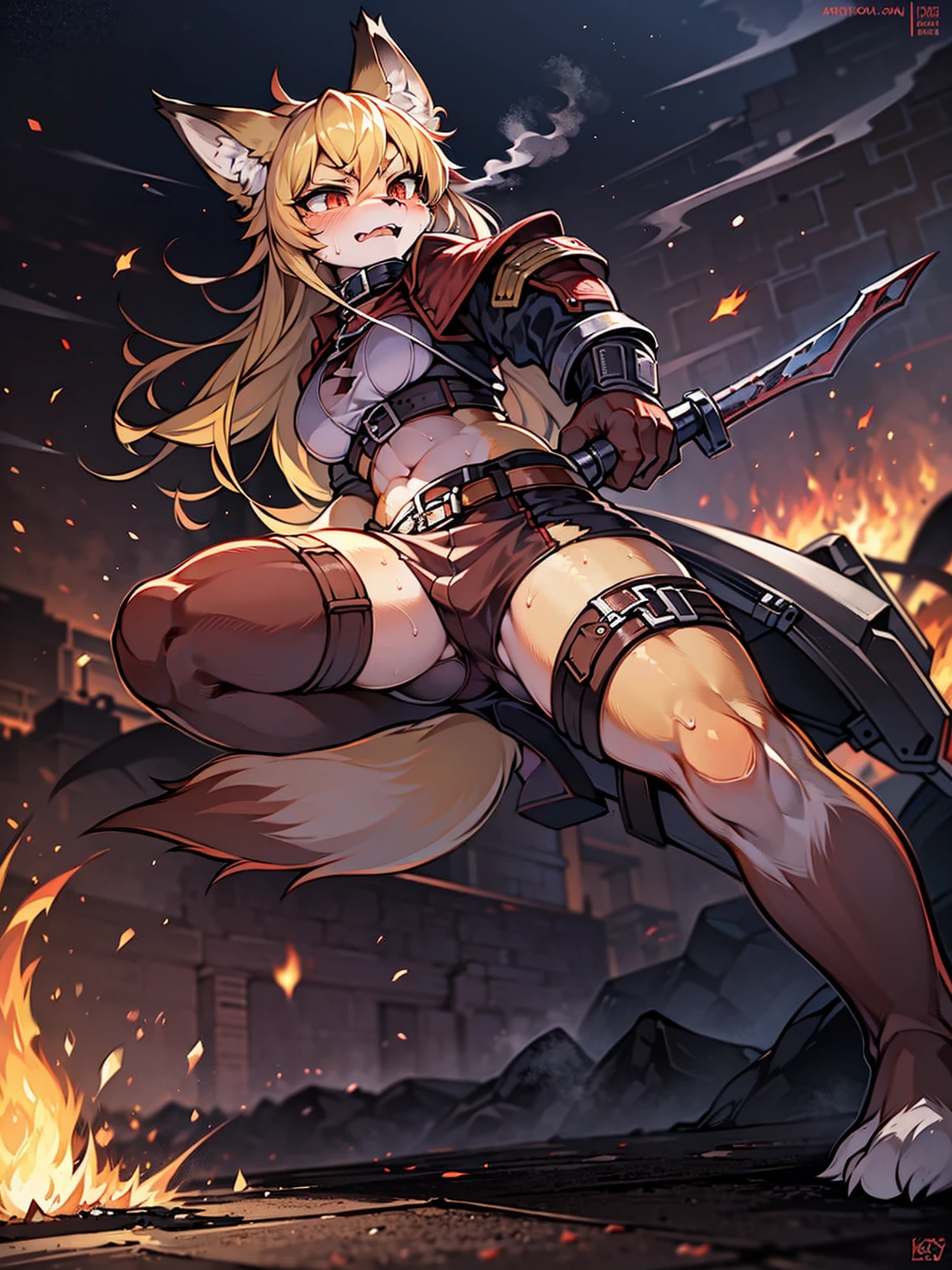 (Best Quality,4k,8k,high resolution,Masterpiece:1.2),ultra detailed,((chica shojo)),((fox girl)),((medium hair)),((whole body)),((pie pose)),((((Very loose and long leg warmers)))),((barefoot)),(((Battle armor))), ((correa)), (((Battle gloves))), ((((carrying a giant sword)))),((fully detailed)),illustration,vivid colors