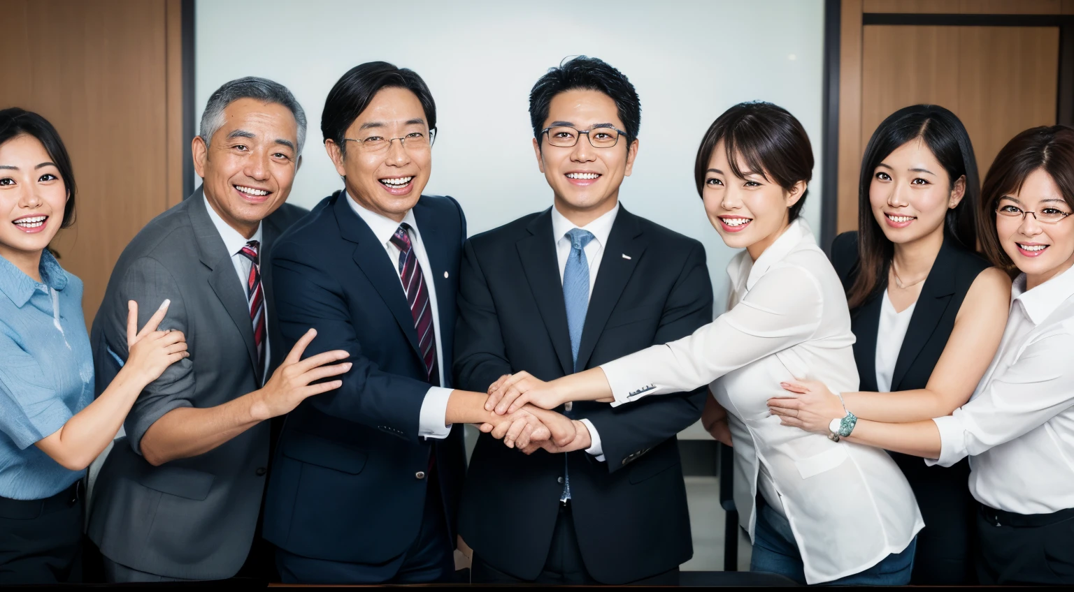High quality photo of an eldery beautiful handsome modern Japanese company employee fun-loving business team joining forces.]