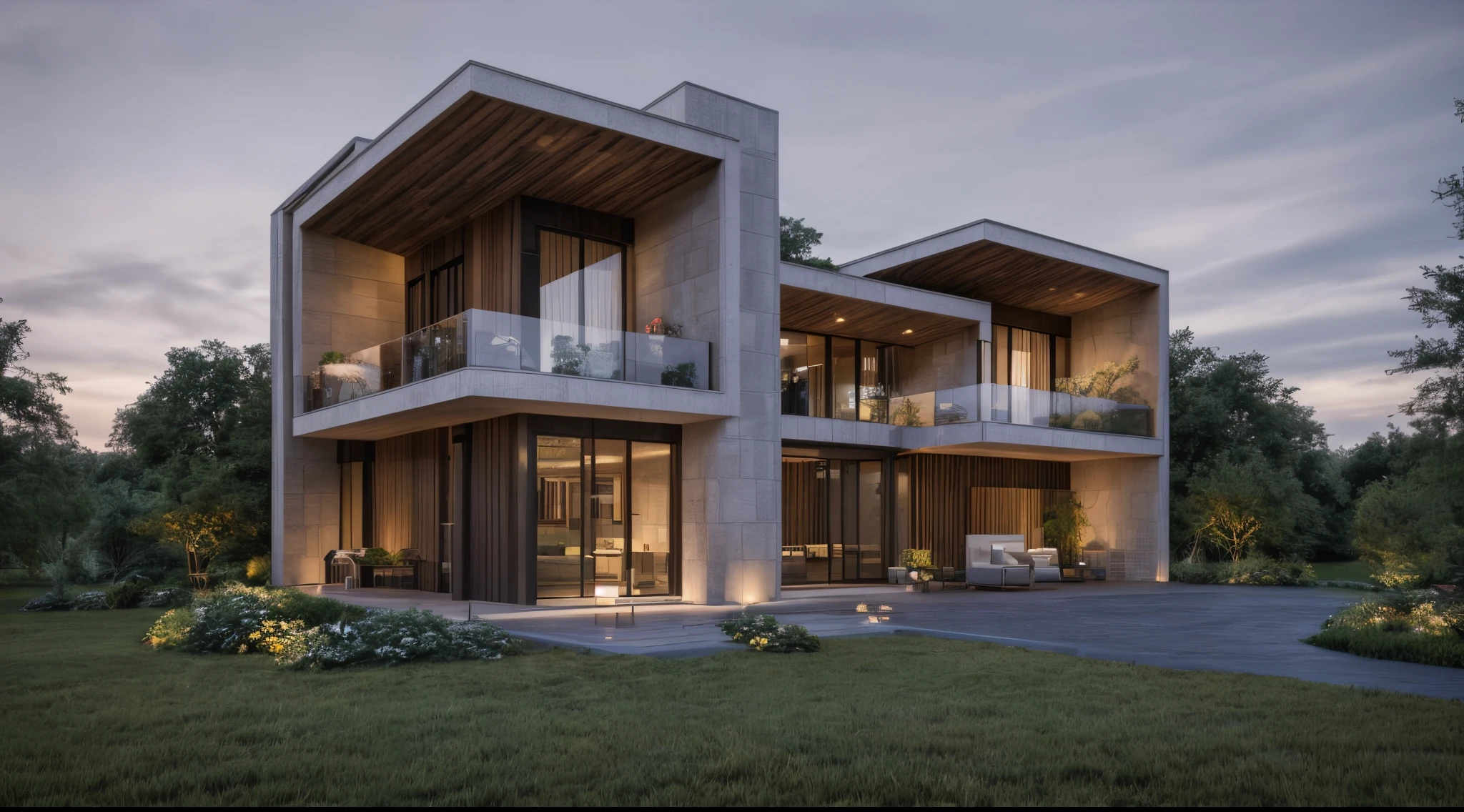 modern house, large yard, beautiful view, surrounding trees, (Single storey house planlat roofs,large windows,wood materials,concrete and glass,glass railings,surrounded by trees,lawn ,large sliding glass doors, large outdoor fireplace, beautiful flat roof, linear straight line, sunset light, neutral colored lights, beautiful, cloudy sky, landscape,plain terrain, RAW photo, subject, 8k uhd, dslr, soft lighting, high quality, film grain, Fujifilm XT3