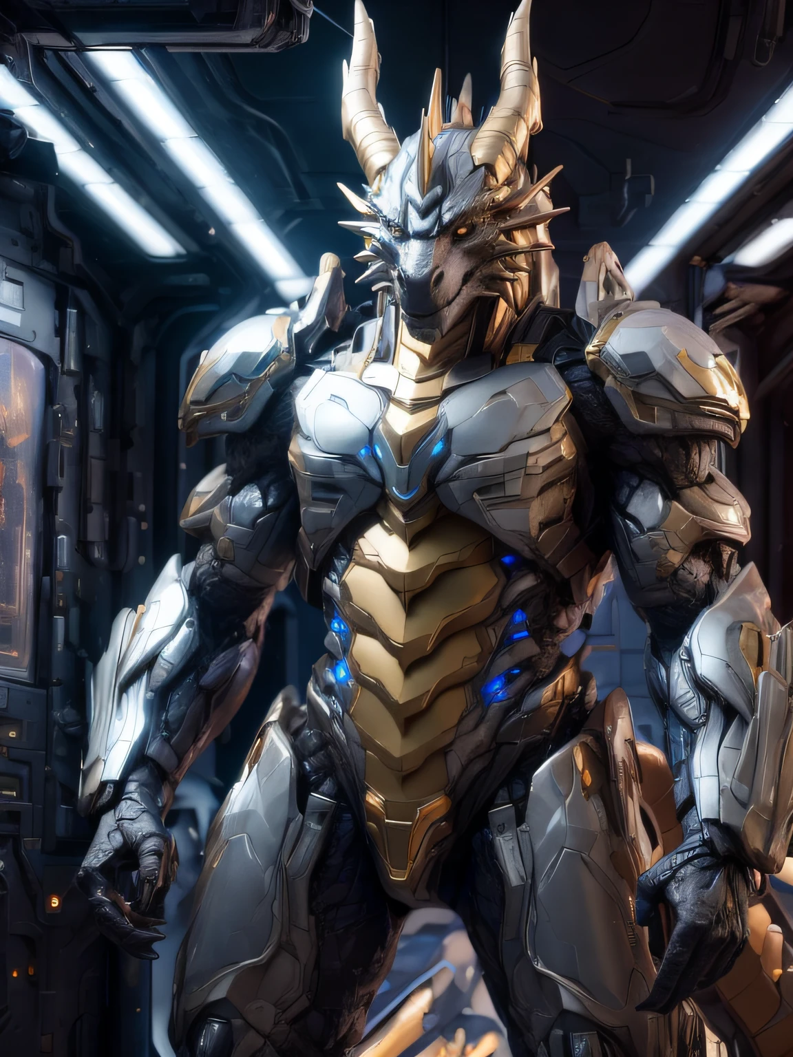 hyper realisitc, photo-realism, Powerful human golden Gundam Dragon standing in a spaceship, shiny silver chassis, LED, Detailed texture, Bipedal, photore, Camera capture ensures characters are in focus,while the background remains soft and blurry, 1 tail, The very detailed