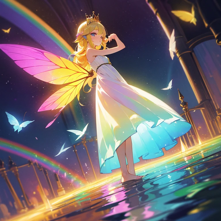 Fairy Girl,femele,Irridescent color,wholesome,clear white skin,Pastel Rainbow,pastel aurora,Rainbow long dress made of light,Aurora,Colorful eyes,Sparkling eyes,big eye,bright blonde hair made of light,Smooth long hair,Golden crown,shining transparent rainbow butterfly々2 pairs of feathers,splatters,Rainbow Hair Color,PastelColors,rainbow,a colorful,Delicate,Gentle,Gentle,The warm,Adults,Fantasia,glitters,faerie,butterflys々,Dreamy,cute little,Golden light,rainbow fountain,Rainbow flower garden,to stand,toes touch the water surface,Best Quality,high-level image quality