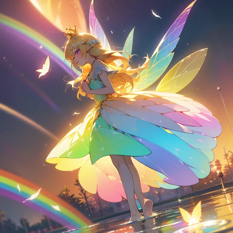 Fairy Girl,femele,Irridescent color,wholesome,clear white skin,Pastel Rainbow,pastel aurora,Rainbow long dress made of light,Aurora,Colorful eyes,Sparkling eyes,big eye,bright blonde hair made of light,Smooth long hair,Golden crown,shining transparent rainbow butterfly々2 pairs of feathers,splatters,Rainbow Hair Color,PastelColors,rainbow,a colorful,Delicate,Gentle,Gentle,The warm,Adults,Fantasia,glitters,faerie,butterflys々,Dreamy,cute little,Golden light,rainbow fountain,Rainbow flower garden,to stand,toes touch the water surface,Best Quality,high-level image quality