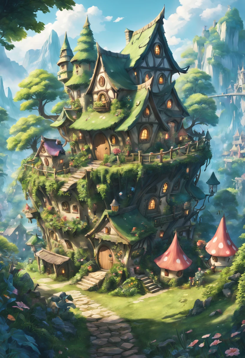 (best quality,highres,masterpiece:1.2),ultra-detailed,(highres:1.37),anime style, fairy village, fairies