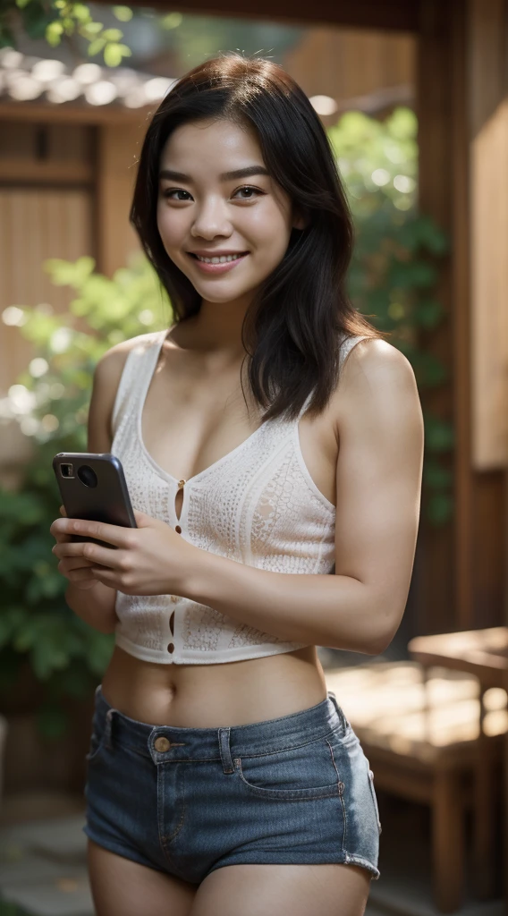 there  a woman holding a cell phone and smiling, this person does not exist, a young asian woman, japanese, xision wu-louise zhang-hong chau-shirley maclaine-amber portwood-laurie hernandez-stephanie scott merged, entire body visible