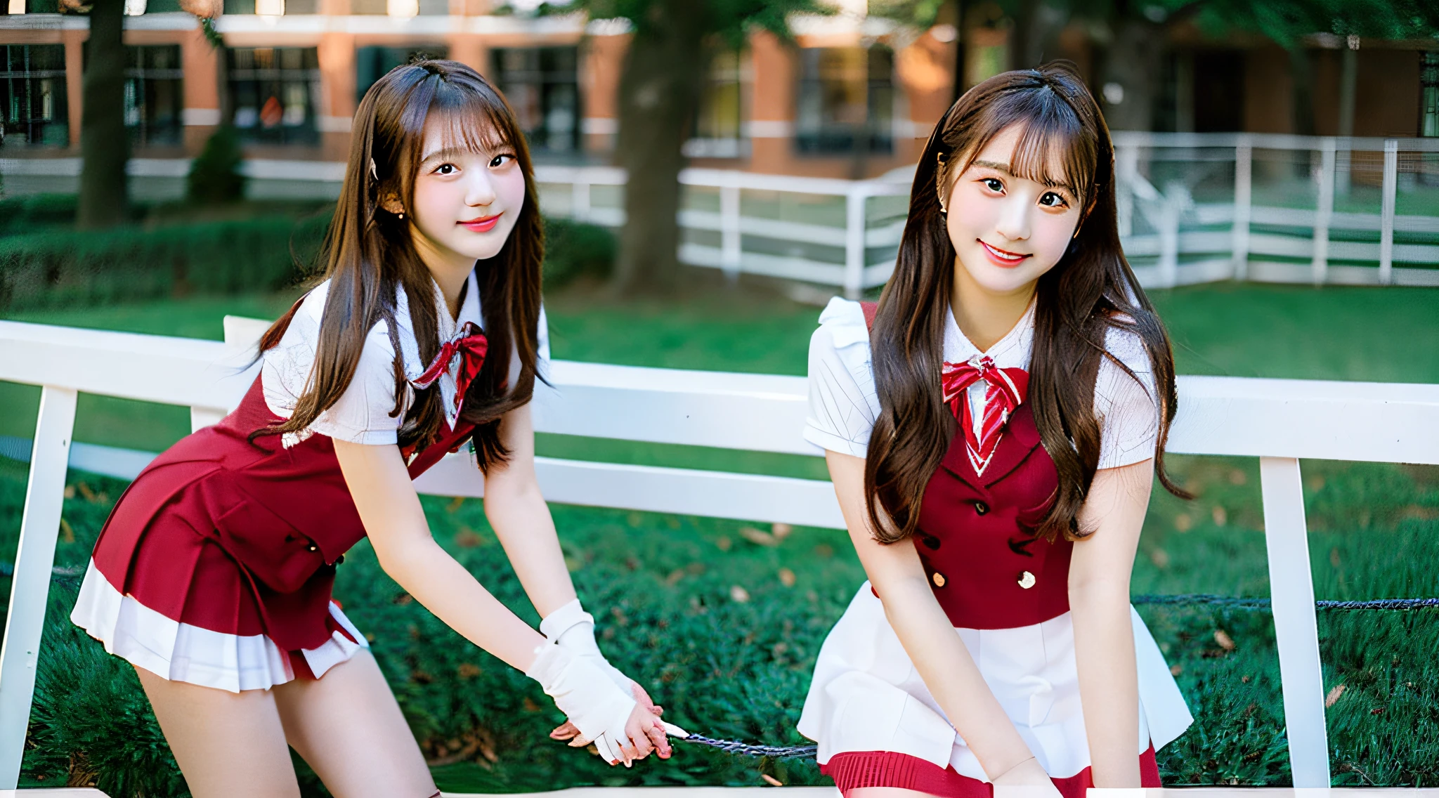 Cute high school girl, 18 years old, Wearing a light red miniskirt.