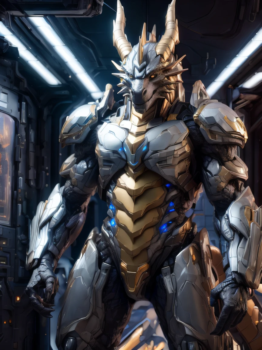 hyper realisitc, photo-realism, Powerful human golden Gundam Dragon standing in a spaceship, shiny silver chassis, LED, Detailed texture, Bipedal, photore, Camera capture ensures characters are in focus，while the background remains soft and blurry, 1 tail, The  very detailed