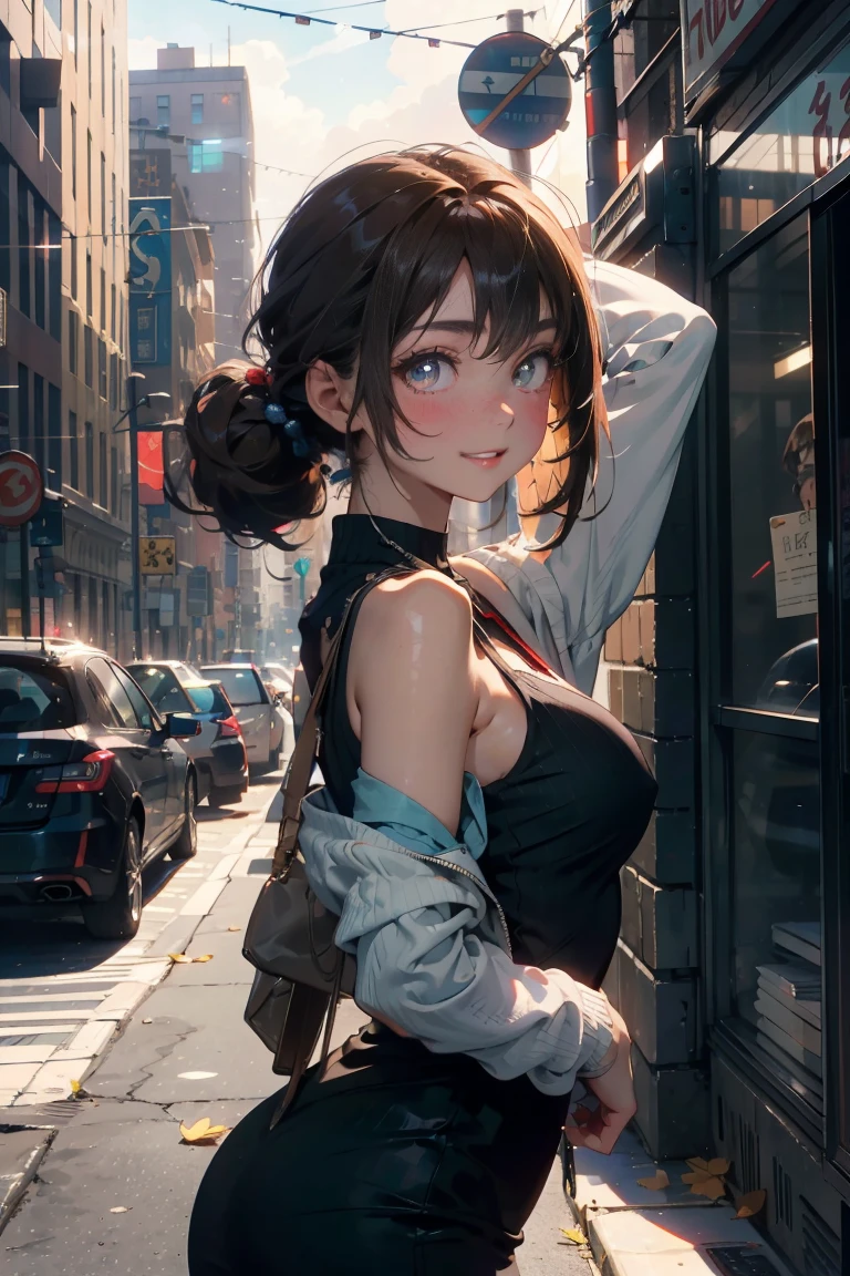 a 20 yo woman、Black blue Hair、poneyTail、Bun hair、Big smile、iridescent eye op fade:1.3)、dark themed、Muted Tones、Subdued Color、highly contrast、(natural skin textures、Hyper-Realism、Soft light、sharp)、8K、​masterpiece、 top-quality、The ultra -The high-definition、Top resolution、ighly detailed、Background with、Modern City、Skyscraper、main street、Professonal lighting、电影灯光、extremely details CG、On the side of the street、Holographic Signals、sign、Wide View、sharp noor&#39;Body Pose、Angular focus from behind、Turning Pose、de pele branca、Beautuful Women、23years old、(A detailed eye、Almond Eye、brown right pupil、Gradient Eyes:1、finely detailed beautiful eye:1、Symmetrical eyes:1、big highlight on eyes:1.2)、(Red-brown hair、Bob Hair、Untargeted hair on the left and right is disordered.)、1lady standing, mature female, /(pencil dress/) /(deep red dress/) necklace, /(jacket on shoulder/), /(brown hair/) bangs, blush kind smile, (masterpiece best quality:1.2) delicate illustration ultra-detailed, large breast, arms down BREAK /(streets of Canada/), maple fallen leaves, detailed background