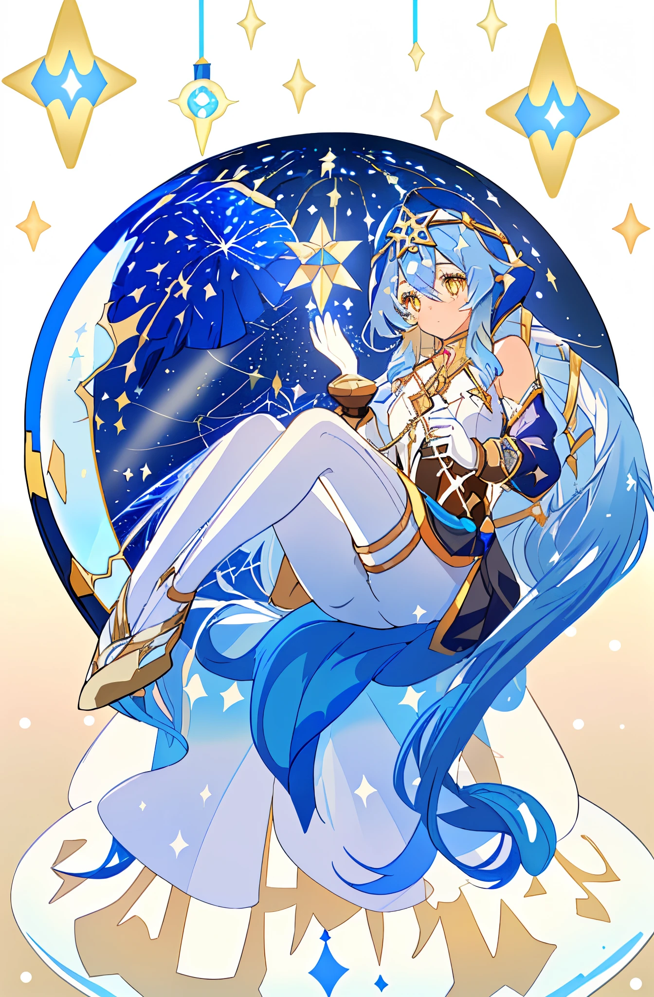 1 girl solo, long blue hair, yellow eyes, blue and white dress, blue hood, detached sleeves, white leggings,high details, high quality, ,high quality,light particles, wavy hair ,diffusion lighting, abstract, stars and sparkles, golden lines, detailed, white background, ((fullbody, sitting in a snowglobe)) (((inside a snowglobe)))
