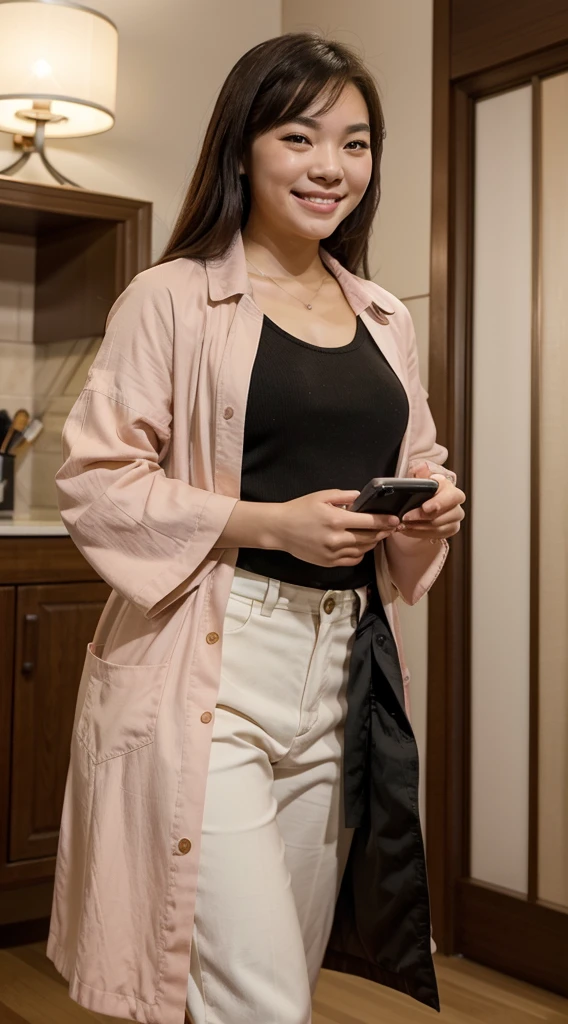 there a woman holding a cell phone and smiling, this person does not exist, a young asian woman, japanese, xision wu-louise zhang-hong chau-shirley maclaine-amber portwood-laurie hernandez-stephanie scott merged, entire body visible